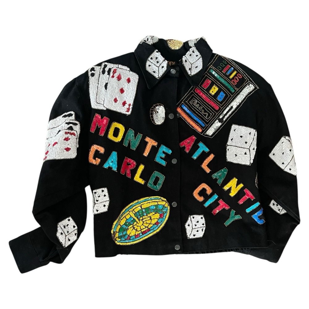 Rare Vintage Casino Cards Dice Themed Modi Denim Bomber Jacket Size Small